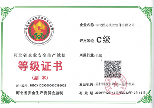 河北省企业安全生产诚信 等级证书